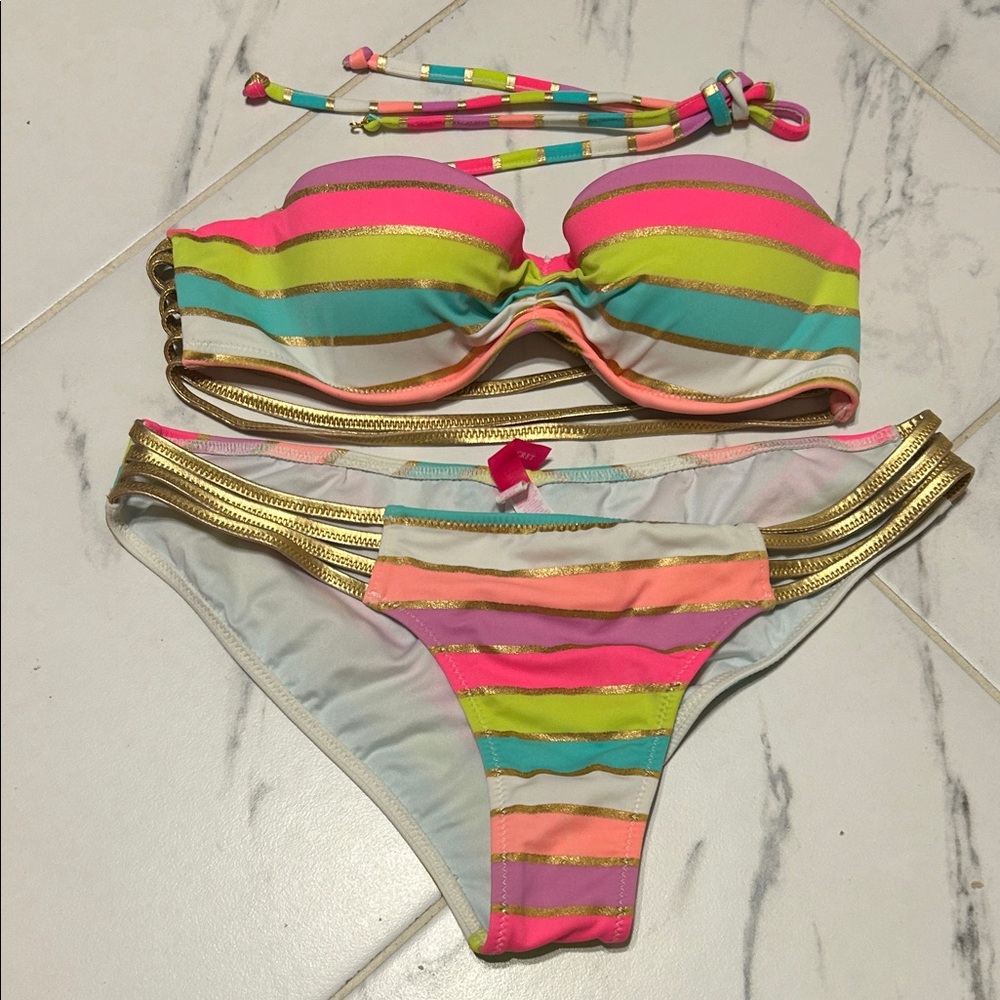 VS Neon Rainbow Striped Bikini Set with Gold Trim. Bra Size 32A. Like New.